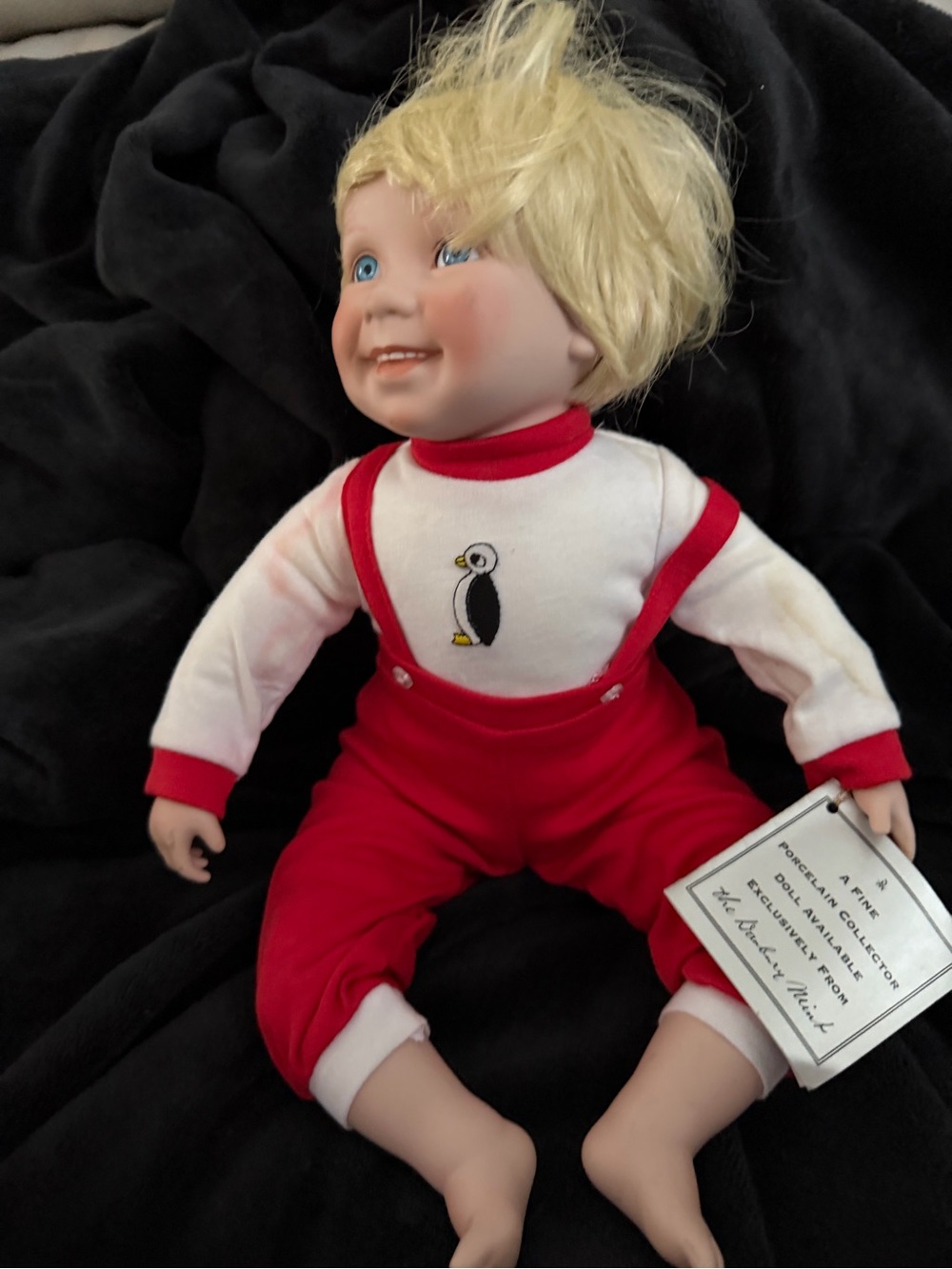 Danbury Mint Blonde Plush Doll in Red Overalls with Penguin Motif